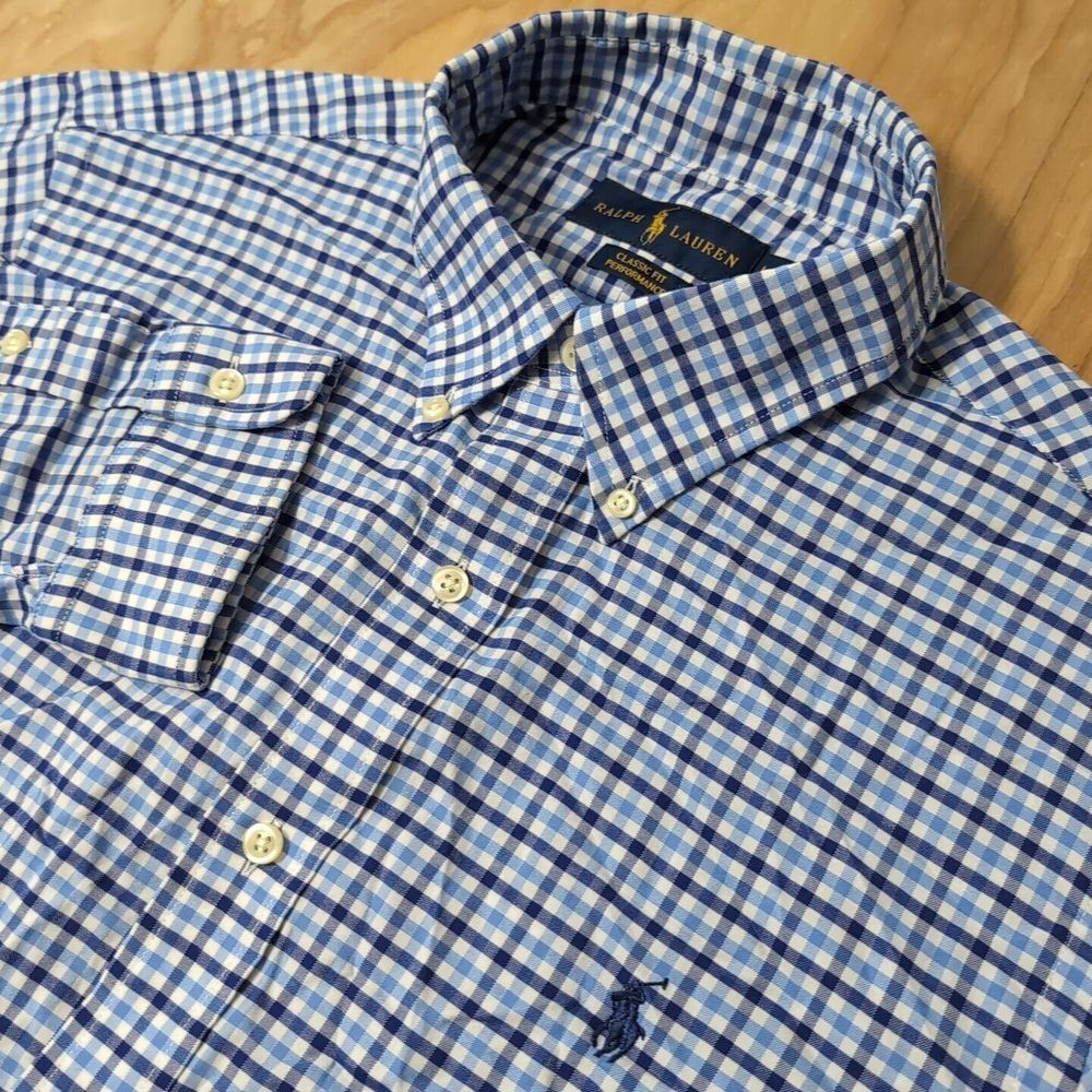 Ralph Lauren Mens Large Blue Gingham Check Classic Fit Performance Nylon Stretch